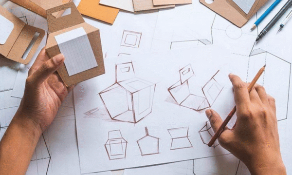 Designer drawing custom apparel box prototypes to create innovative packaging that enhances brand identity.