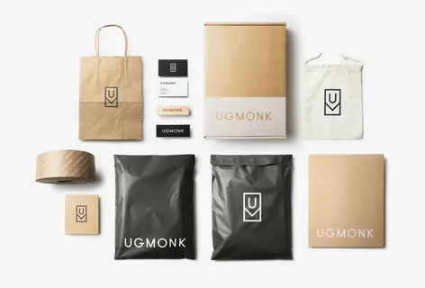 Custom clothing packaging design featuring boxes, poly mailers, and kraft bags with logo branding.