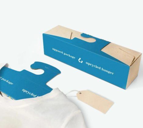 Innovative apparel packaging design featuring an upcycled hanger concept that strengthens eco-friendly brand identity.