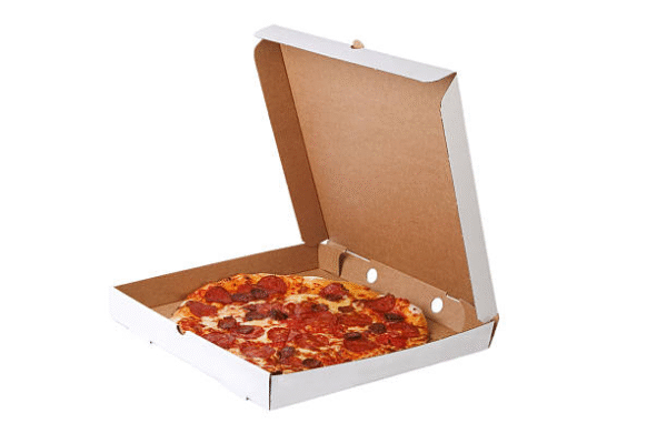 Open pizza box showing standard pizza box dimensions