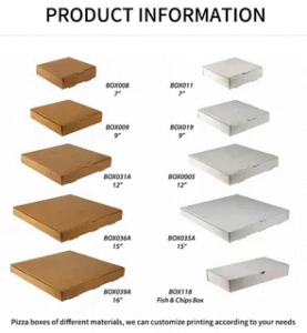 Pizza box size chart with multiple pizza box dimensions