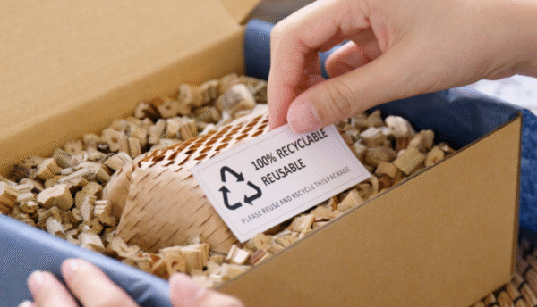Close-up of recyclable apparel packaging with reusable filler showcasing sustainable packaging practices for fashion brands.