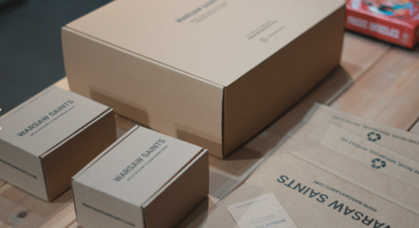 Recycled kraft packaging boxes and mailers displaying sustainable branding for eco-friendly apparel packaging.