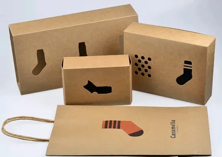 Sock packaging sleeve with playful cutout design and eco-friendly material.