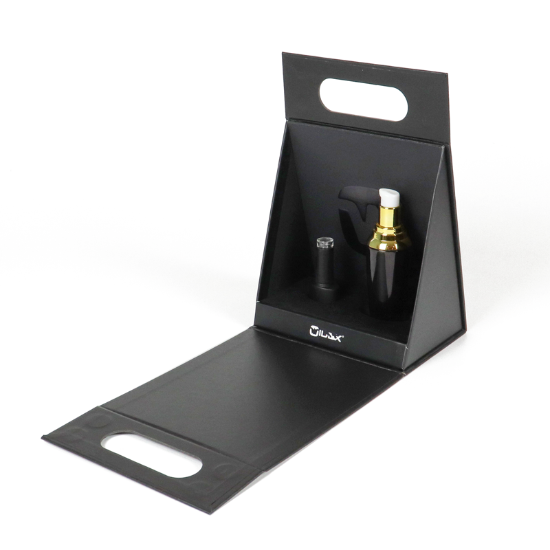 Black foldable cardboard display box with built-in handle and product cutouts, designed as a standalone retail or travel-friendly custom cosmetic packaging solution.