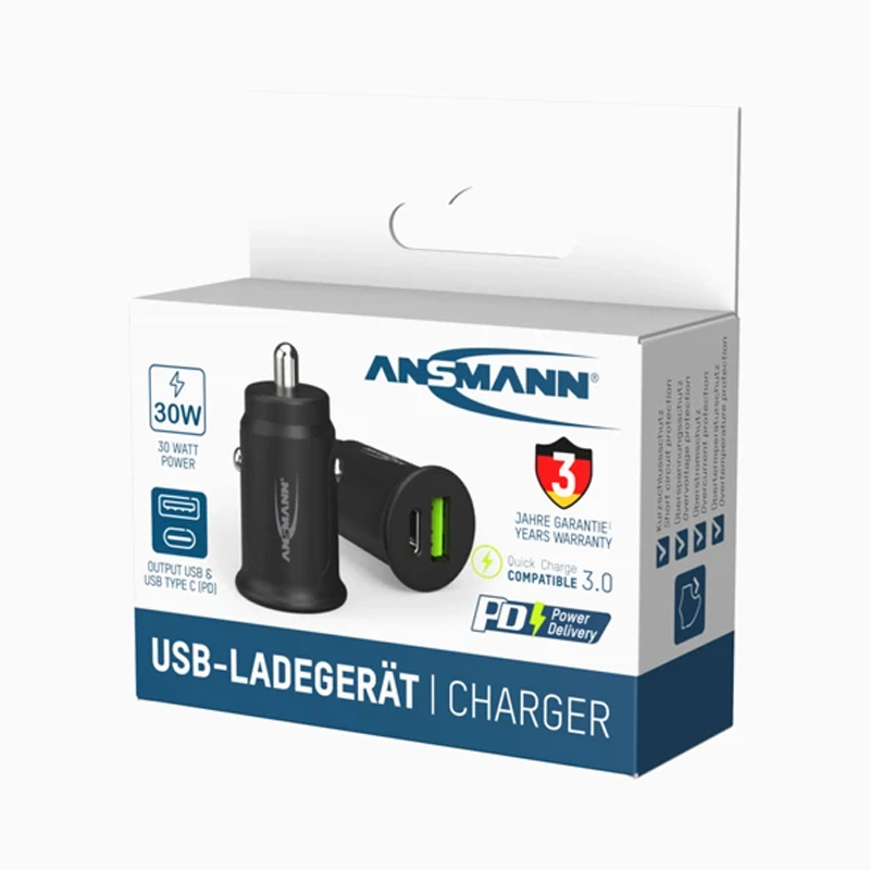 Ansmann 30W USB car charger box with clear product image, power specifications, and warranty badge—ideal for efficient storage and quick identification.