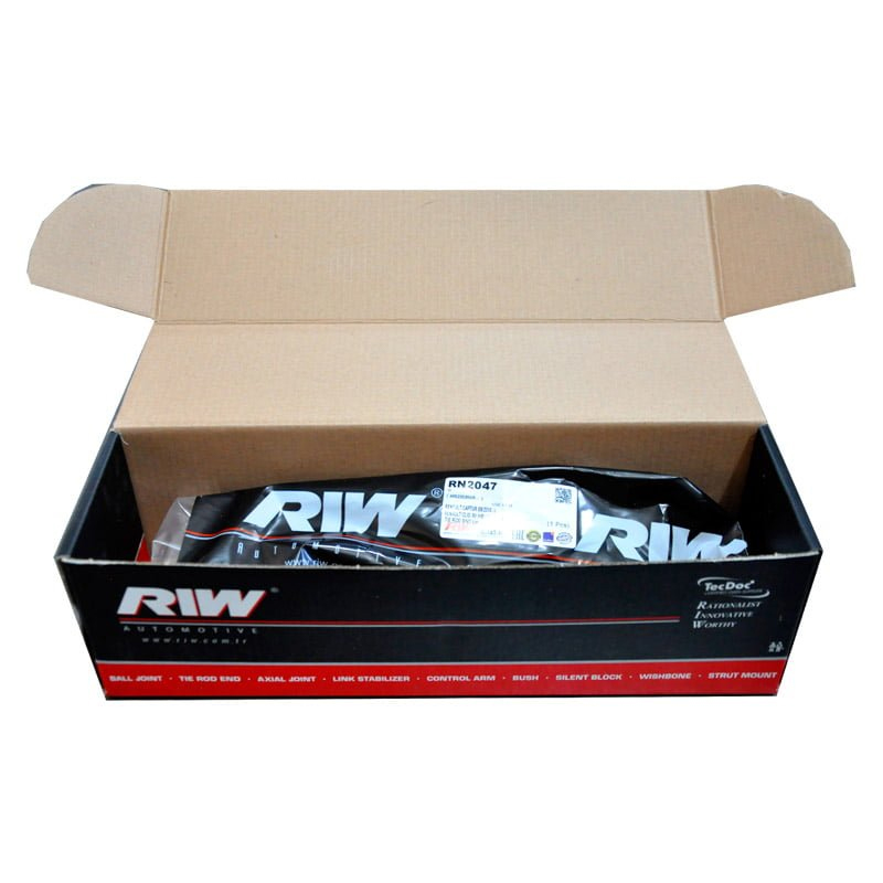 Open corrugated box containing RIW automotive suspension components in sealed bags—designed for bulk shipping and warehouse handling.