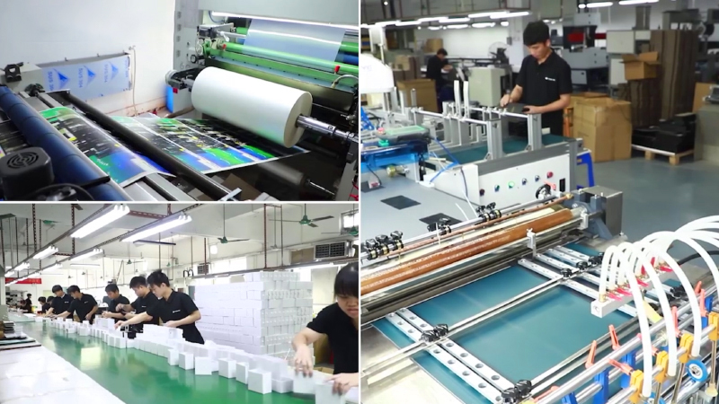 Four-panel collage showing cosmetic packaging manufacturing process: roll printing, folding machines, manual assembly, and die-cutting—illustrating the workflow behind MOQ, lead time, and sampling.