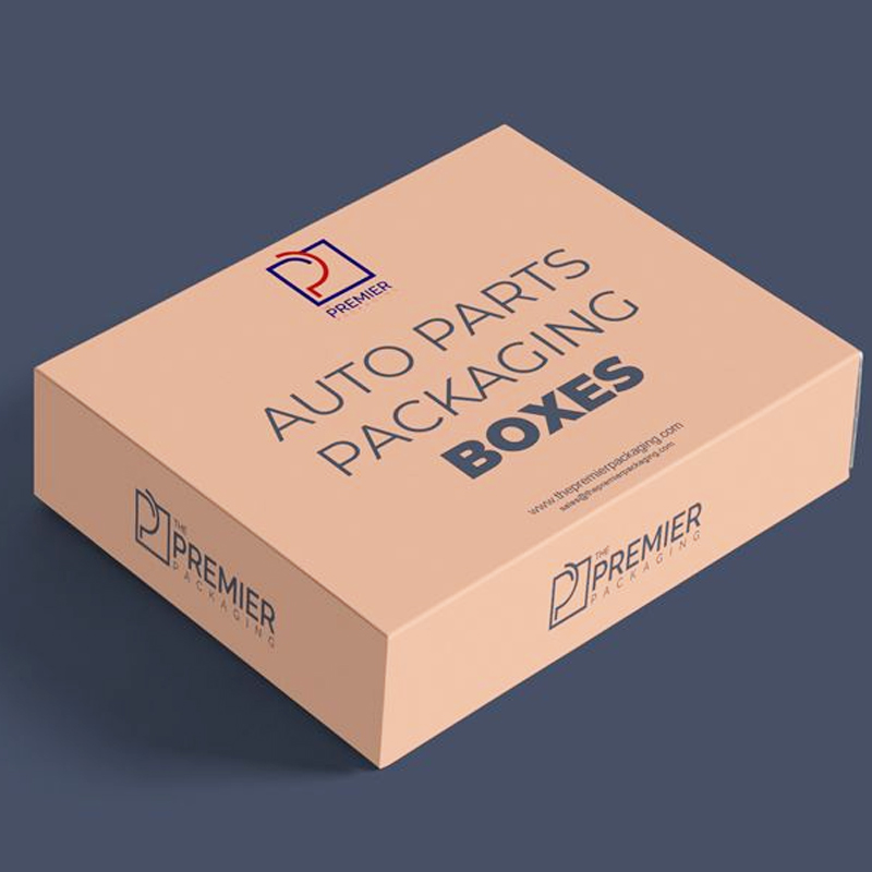 Brown corrugated box labeled "Auto Parts Packaging Boxes" with Premier Packaging logo—representing standard yet engineered solutions for automotive components.