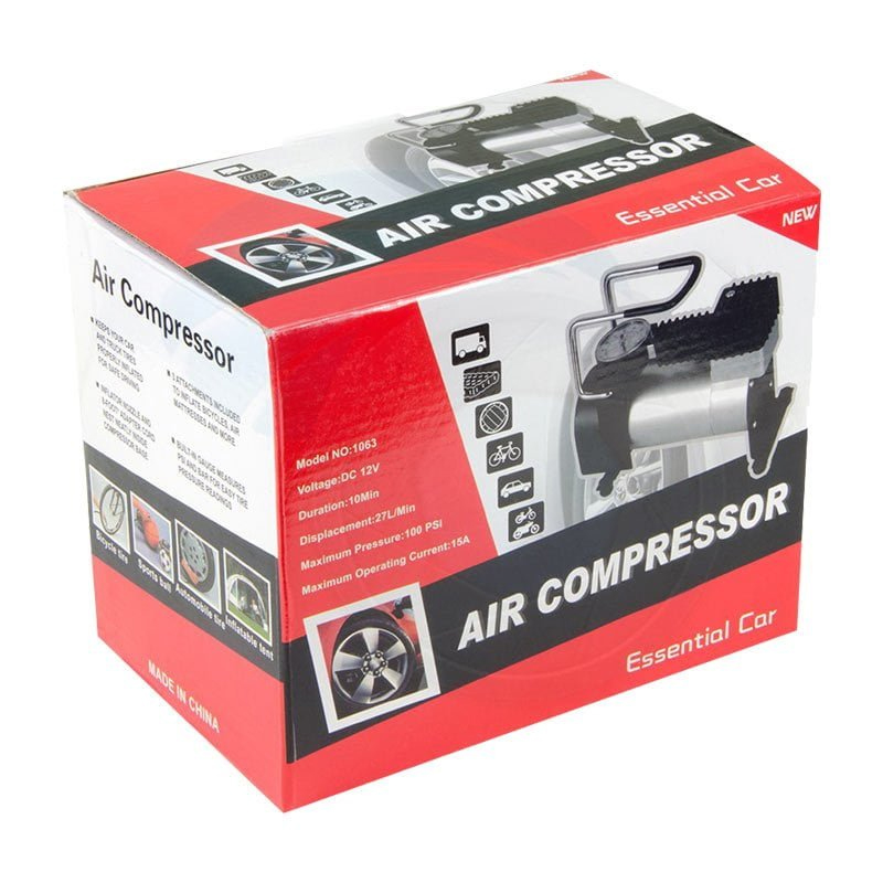 Red and black cardboard box for an automotive air compressor with product image, specifications, and transparent window—designed for retail display and shipping protection.