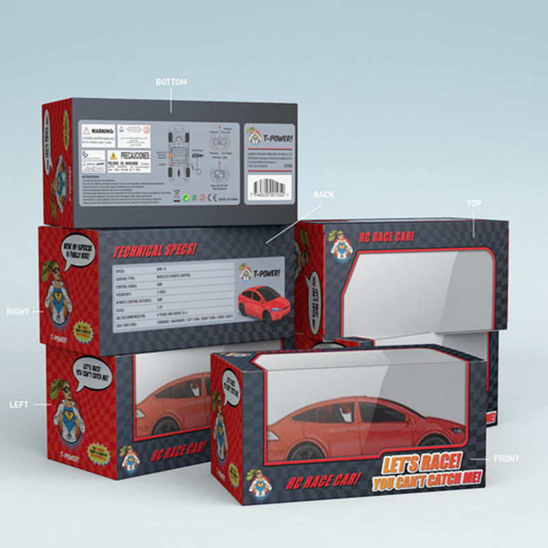 Red RC race car packaging box with clear window, technical specs, and cartoon character branding—designed for retail display and single-use distribution.