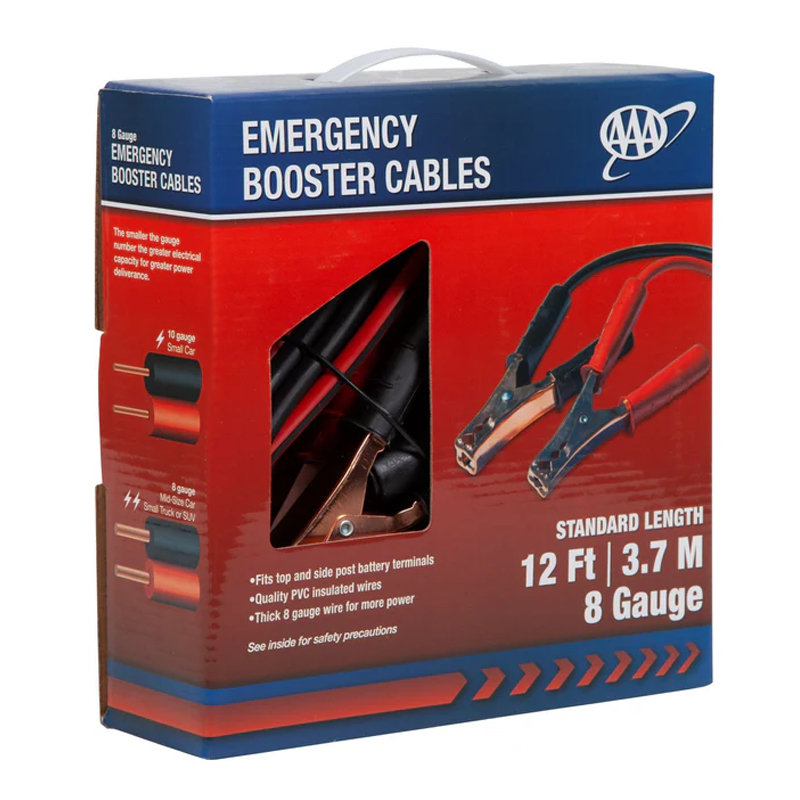 Blue and red box for AAA emergency booster cables with clear window showing copper clamps and insulated wires—designed for visibility and safe handling.