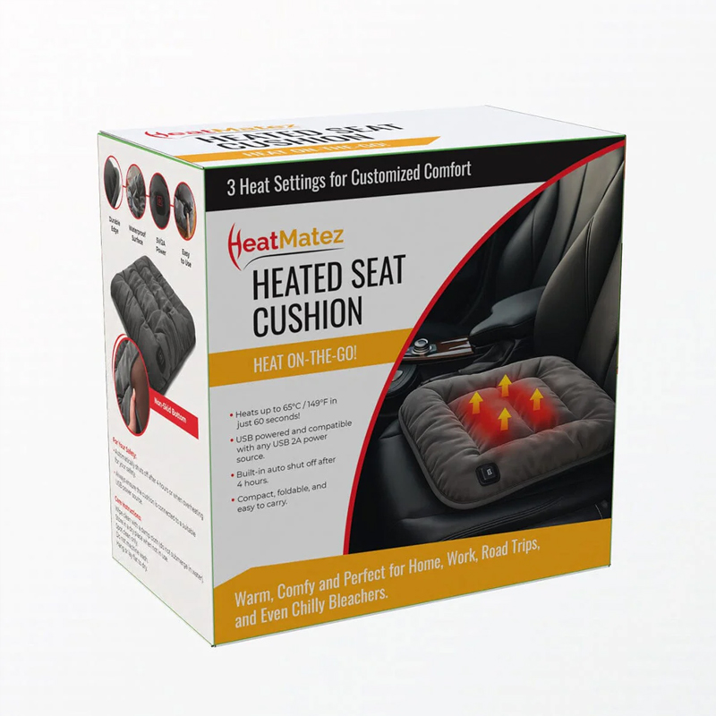 White and orange packaging box for HeatMatez heated seat cushion showing product image, heating zones, and key features like USB power and auto shut-off.