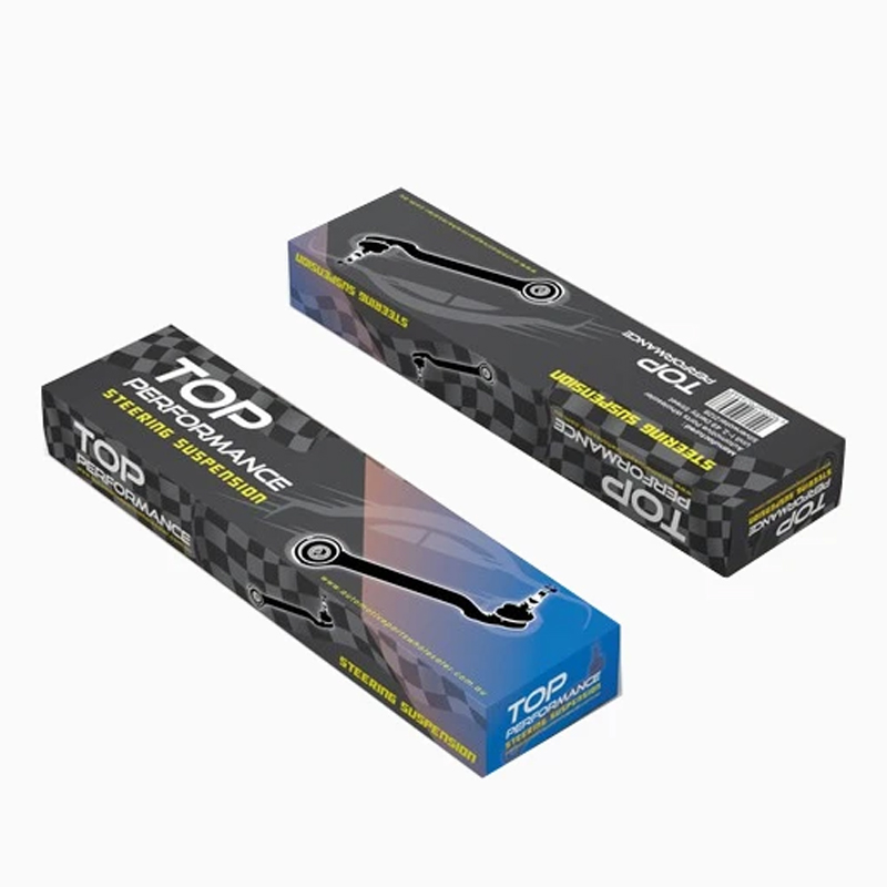 Black rigid packaging box for TOP Performance steering suspension with checkered flag design and product silhouette—designed for premium aftermarket parts.