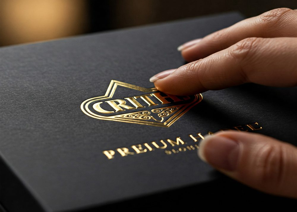 Black rigid luxury cosmetic box with gold foil stamped "CRITIC PREMIUM HAIR" logo, showcasing high-end custom packaging that reinforces brand identity and perceived value.
