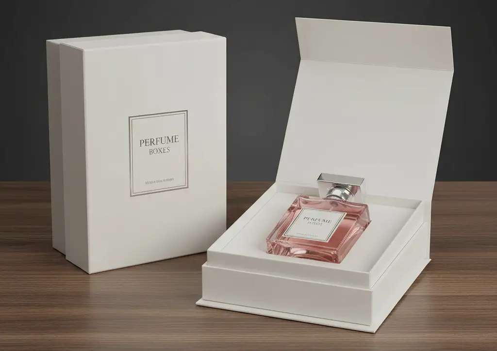Pink glass perfume bottle nestled in a white rigid box with protective inner tray, demonstrating secure and elegant fragrance packaging designed for both retail and e-commerce shipping.