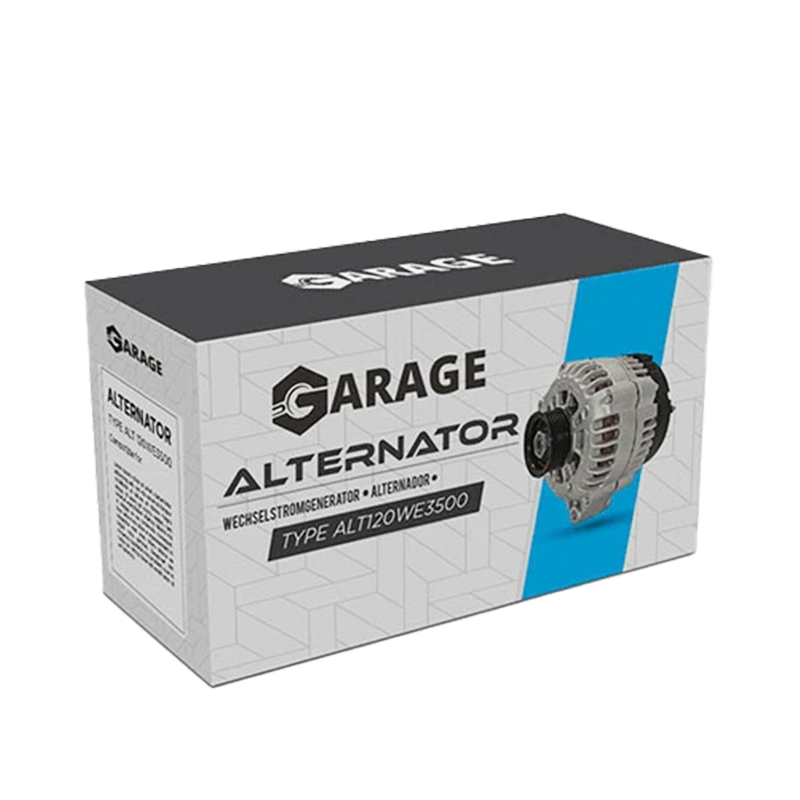 Professional-grade box for a car alternator with product image, model number, and multilingual labeling—designed for OEM distribution and warehouse handling.