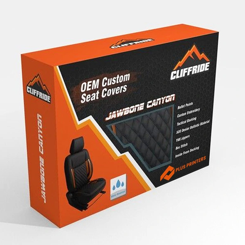 Orange and black packaging box for CliffRide OEM custom seat covers featuring product image, brand logo, and technical specifications.