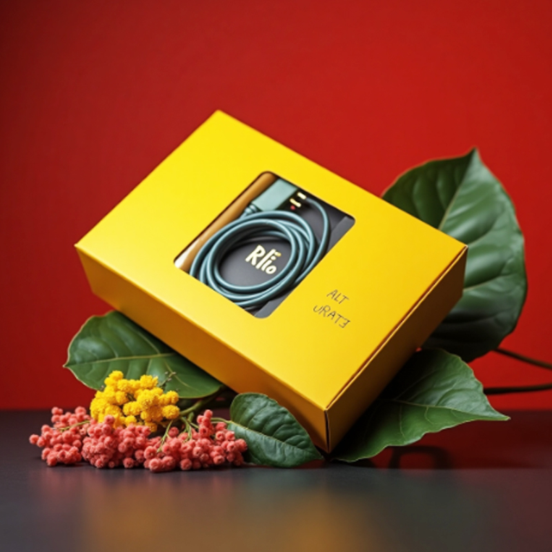 Bright yellow rigid box with clear window showing coiled green cable labeled "Rlio"—designed for high-end consumer electronics or automotive wiring harnesses.