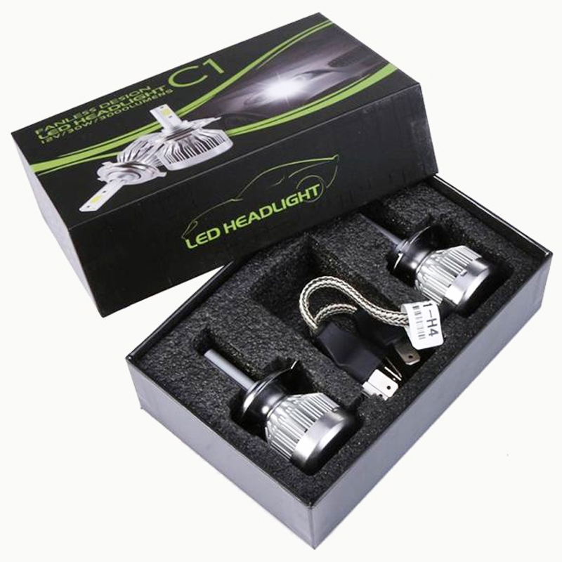 Black LED headlight packaging box with custom foam inserts and secure compartments—designed to prevent damage during transport and storage.