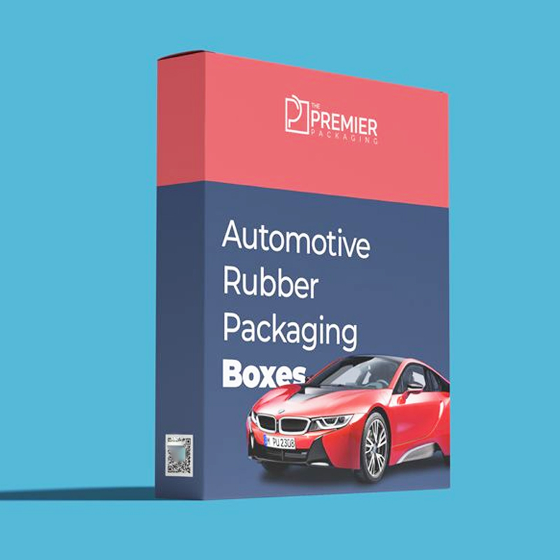 Red and blue custom packaging box labeled "Automotive Rubber Packaging Boxes" with BMW car image—designed for industrial or B2B automotive component distribution.