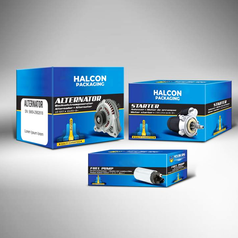 Blue rigid boxes for alternator, starter, and fuel pump with product images and serial numbers—designed for premium presentation and secure transport.