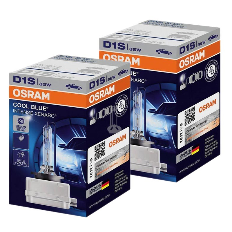 OSRAM D1S 35W HID headlight packaging box with clear labeling, QR code, and product image—designed for efficient warehouse handling and accurate identification.