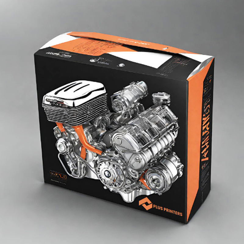 Black and orange engine model packaging box with high-resolution 3D rendering—designed for visual appeal and structural protection in automotive product distribution.