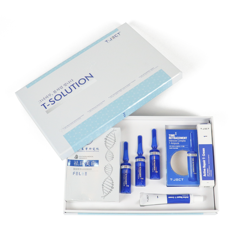 White rigid box with blue product inserts and DNA graphic, containing multiple ampoules and skincare tubes—ideal for medical-grade cosmetic packaging in retail or DTC channels.