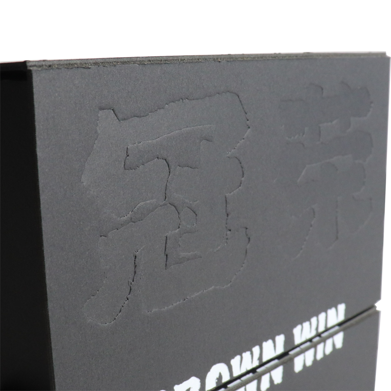 Dark gray rigid box with debossed Chinese characters and white lettering, showcasing a matte lamination finish that emphasizes texture and minimalism.