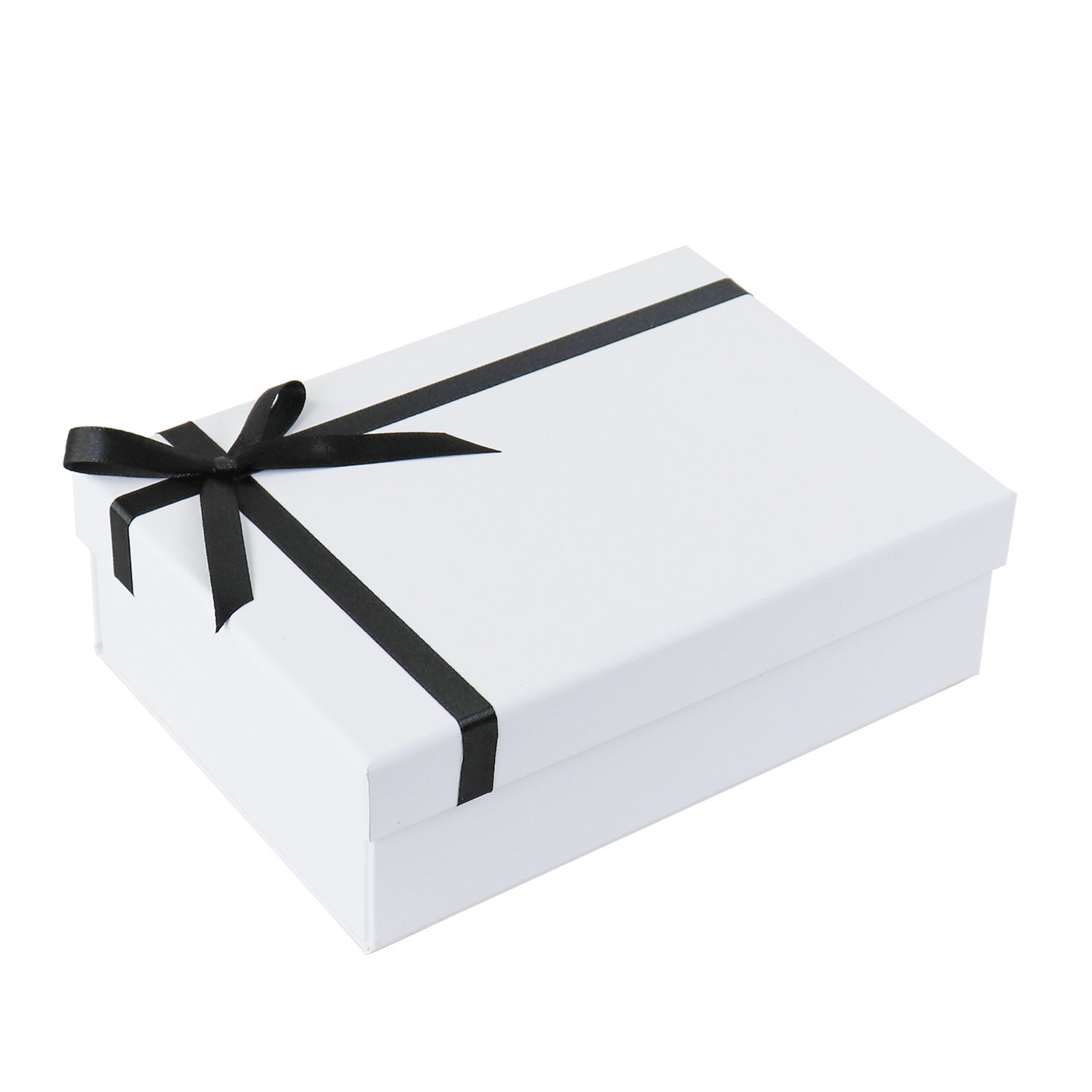 White rigid box with black satin ribbon tied in a bow, showcasing minimalist luxury packaging design suitable for premium apparel.