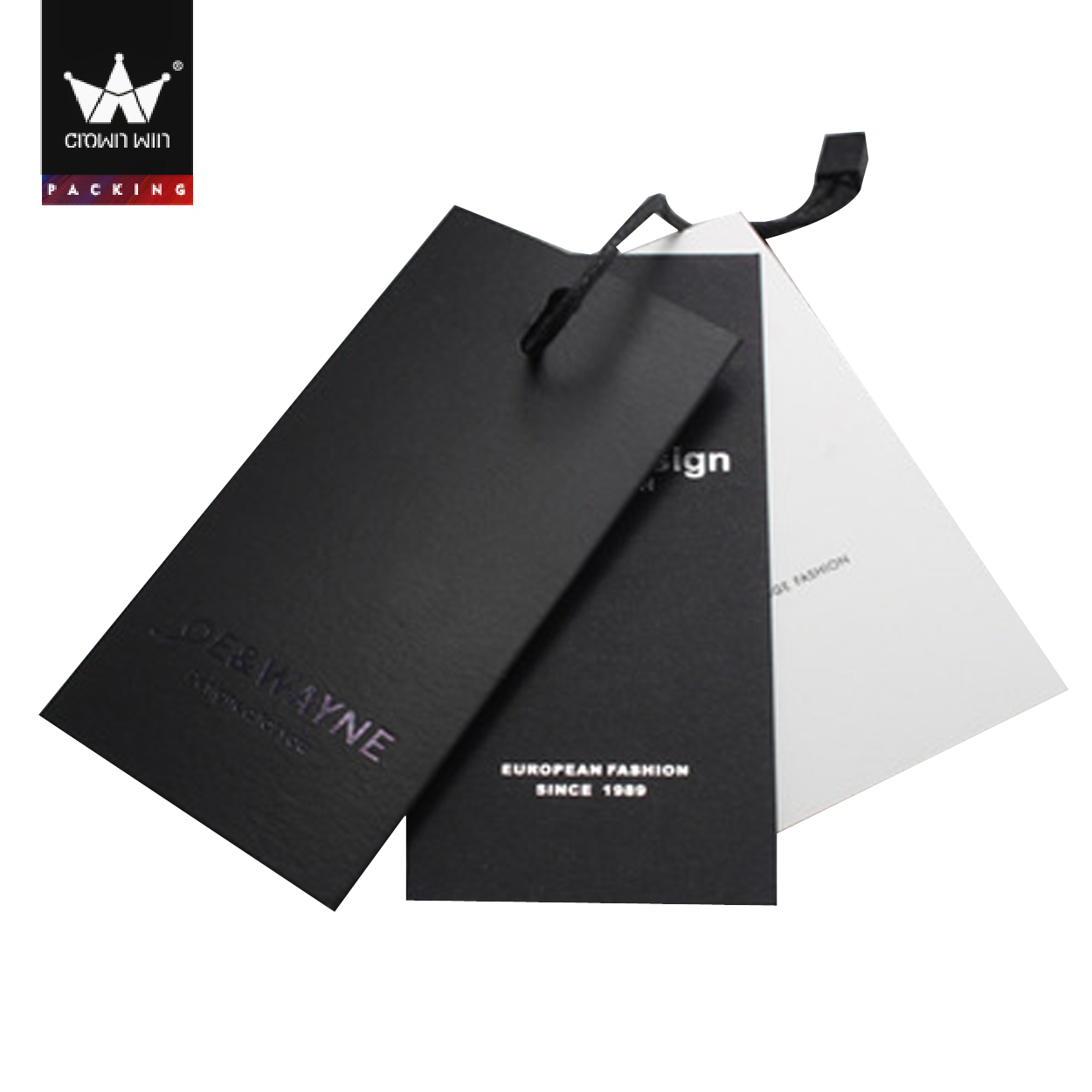 Three custom clothing tags, including black and white options with embossed text and brand logos, showcasing elegant and sustainable apparel packaging.