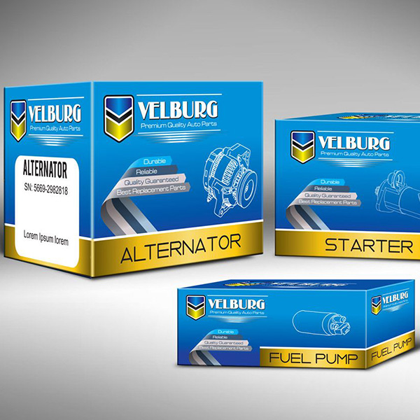 Custom automotive accessory packaging boxes designed for alternators, starters, and fuel pump parts