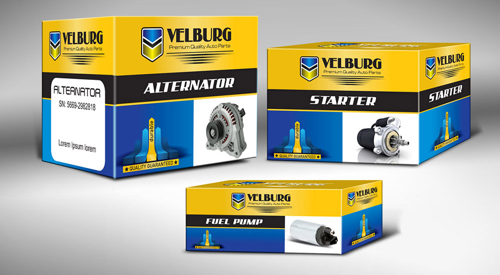 Automotive electrical parts packaging boxes for alternator, starter, and fuel pump components