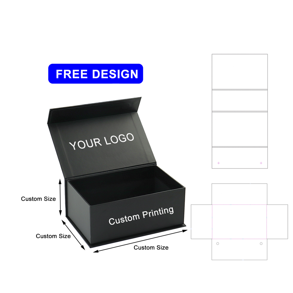 Open black box labeled 'Your Logo' and 'Custom Printing' with adjacent die line layout, illustrating the transition from design to physical structure via precision die cutting.