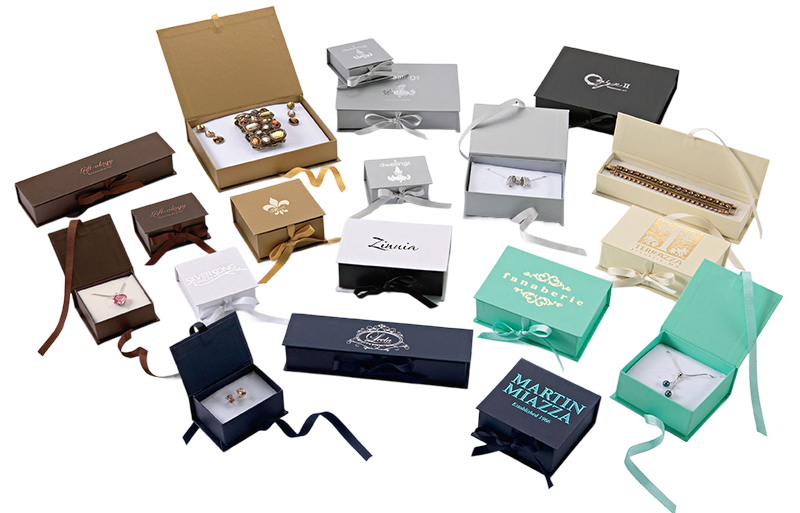 Custom jewelry packaging boxes showcasing luxury ring, necklace, bracelet, and earring packaging designs for jewelry brands