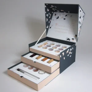 Custom makeup boxes with multi-layer drawers designed for complete cosmetic sets