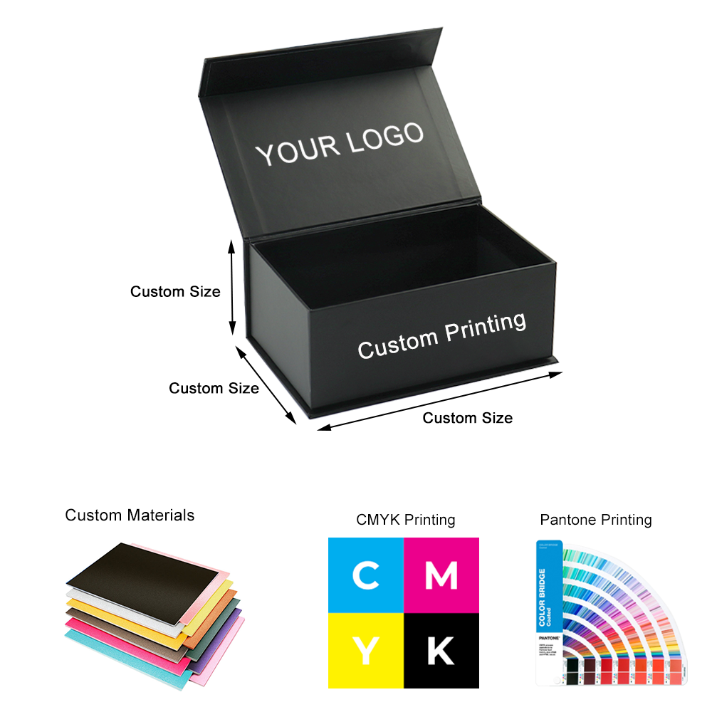 Illustration of a black rigid box with customizable dimensions, materials, and printing options including CMYK and Pantone color systems, showcasing flexibility in custom packaging design.