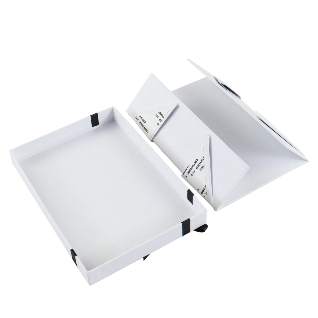 A white drawer-style box with a magnetic closure and black corner details—demonstrating a functional yet complex packaging design that increases MOQ due to manual assembly and additional components like magnets or sliders.