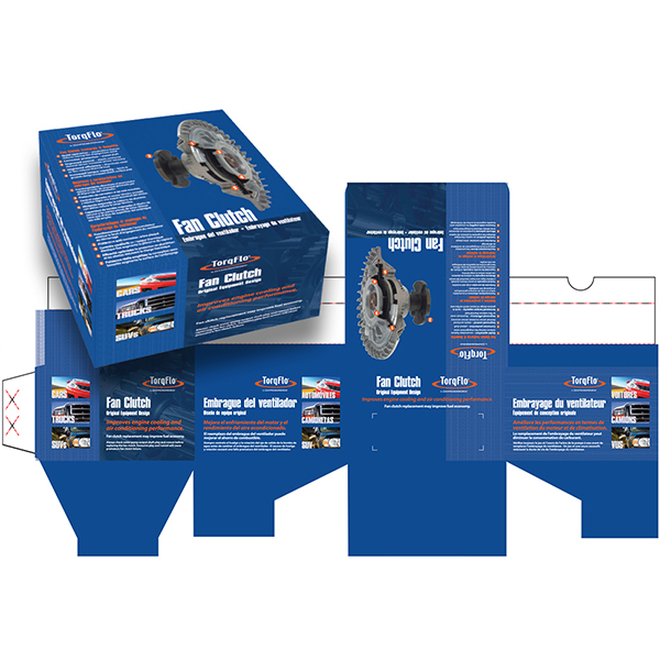 Folding carton automotive packaging boxes designed for fan clutch and automotive replacement parts