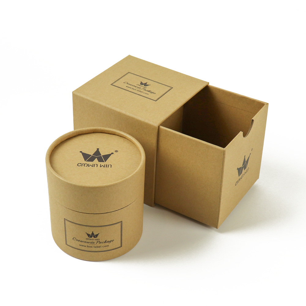 A brown kraft paper drawer box and matching round tube, both featuring minimalist logos—representing sustainable packaging solutions suitable for eco-conscious fashion or wellness brands.