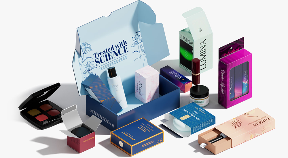 Custom cosmetic packaging boxes designed for skincare, makeup, and fragrance products across different packaging formats