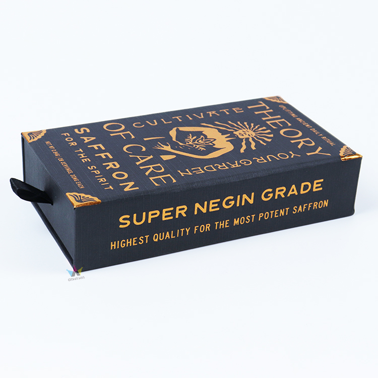 Dark blue rigid drawer box with gold foil text reading "Super Negin Grade" and "Theory of Care," featuring a textured surface and pull-tab handle.
