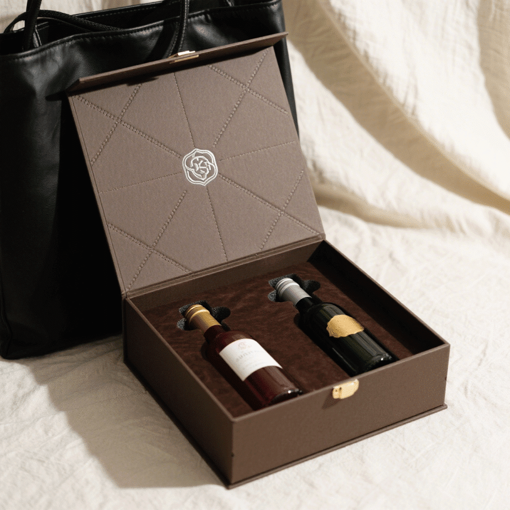 Open brown rigid box with quilted lid design, holding two wine bottles secured by custom foam inserts, placed next to a black leather tote bag.