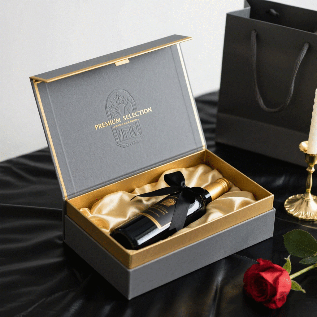 Open gray rigid wine box with gold foil embossing, satin lining, and a single bottle wrapped in a black ribbon, displayed on a black leather surface with a red rose.
