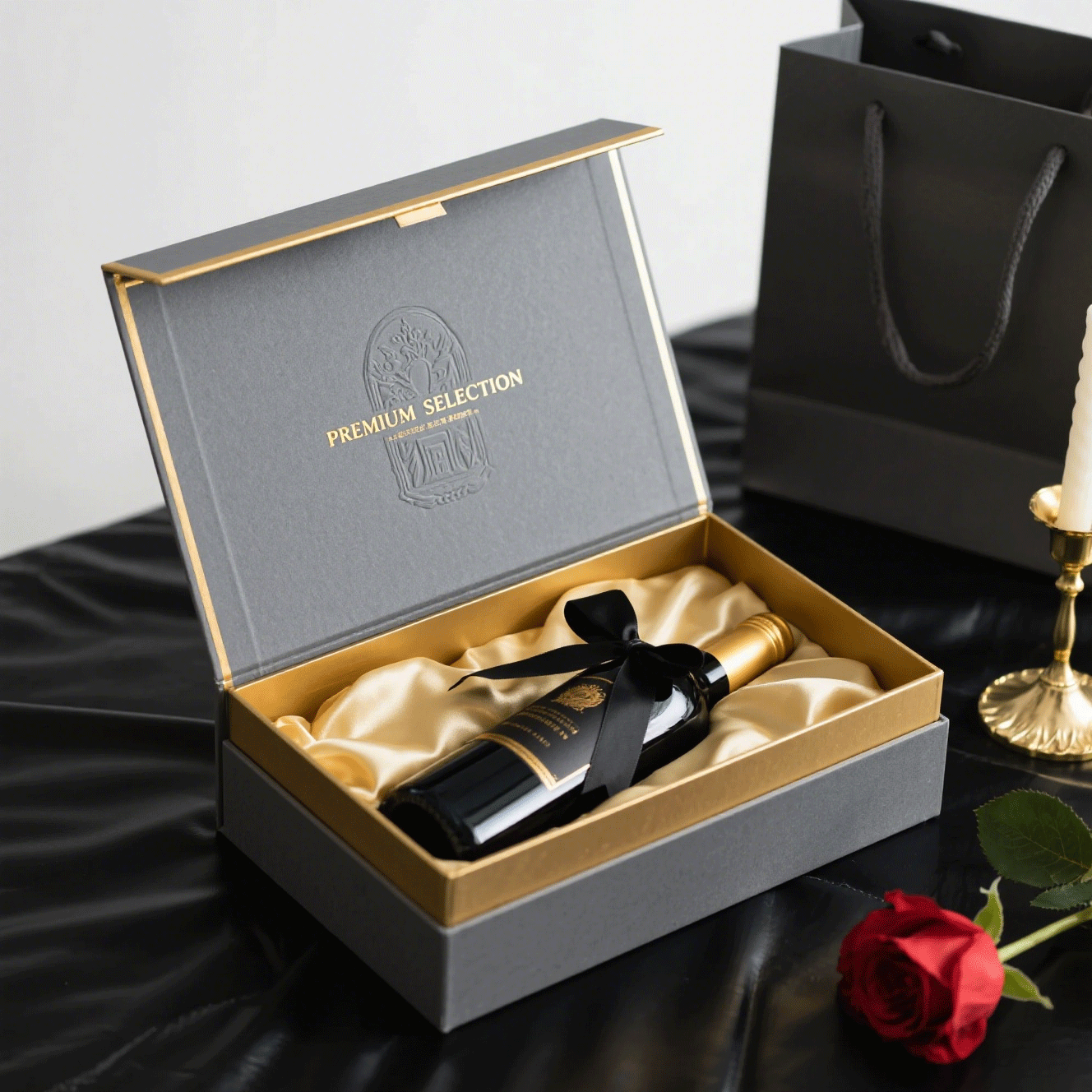 Open gray rigid wine box with gold foil embossing, satin lining, and a single bottle wrapped in a black ribbon, displayed on a black leather surface with a red rose.