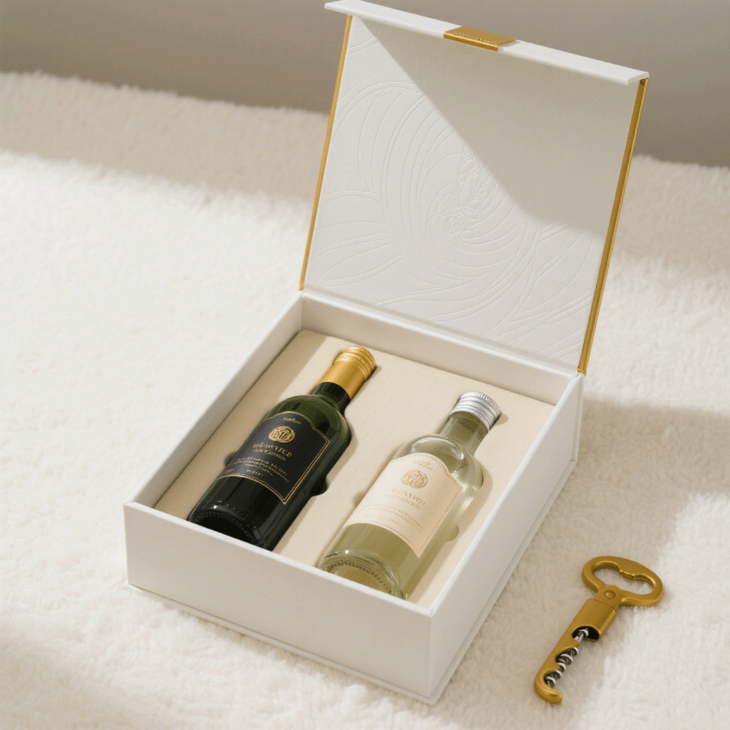 Open white rigid box containing two wine bottles—one red, one white—each nestled in an independent cradle, with gold trim and embossed lid design.