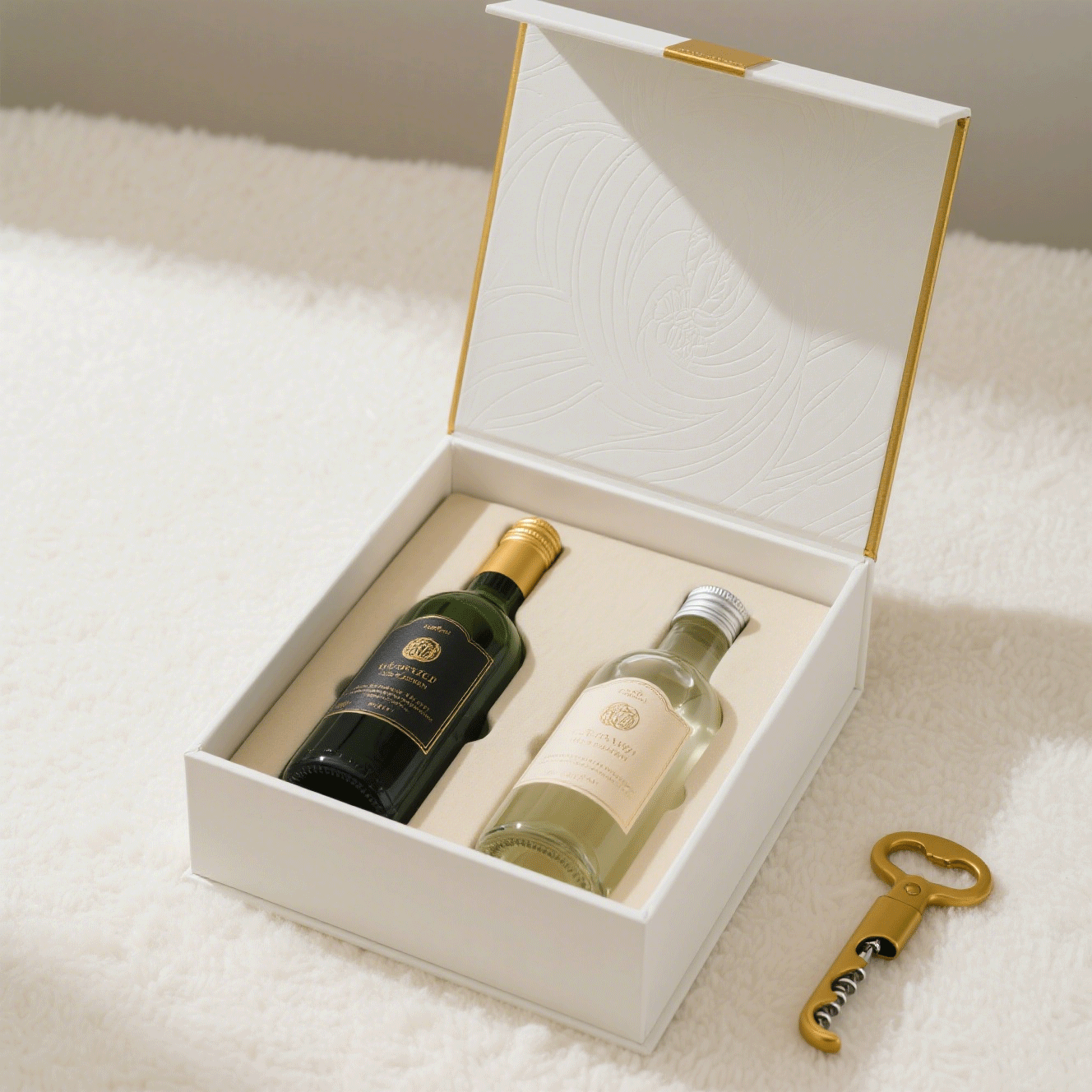 Open white rigid box containing two wine bottles—one red, one white—each nestled in an independent cradle, with gold trim and embossed lid design.