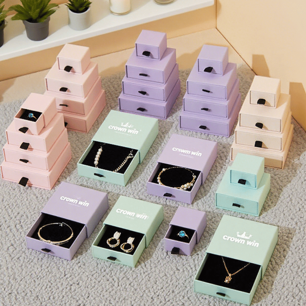 Array of pastel-colored drawer-style jewelry boxes in pink, purple, mint, and beige, featuring custom-fitted black velvet inserts holding rings, earrings, necklaces, and bracelets, showcasing consistent branding and secure product placement.