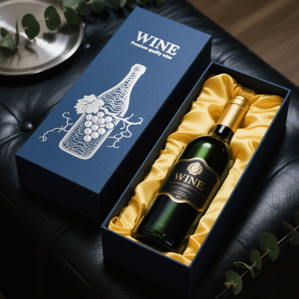 Open blue rigid wine box with white embossed illustration of a wine bottle and grapes, containing a green bottle nestled in gold satin lining.